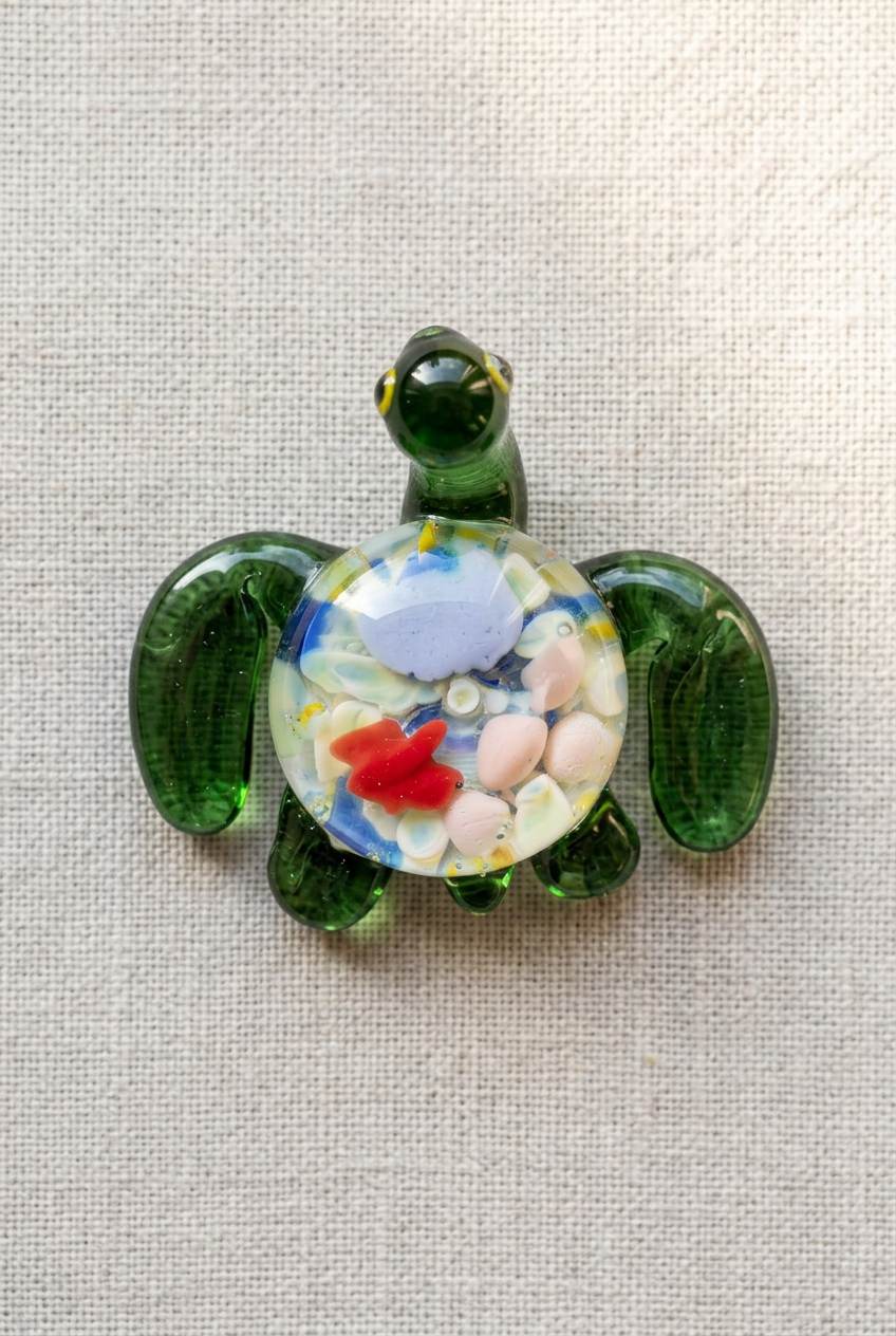 Glass Sea Turtle with Coral Implosion - Handblown Glass